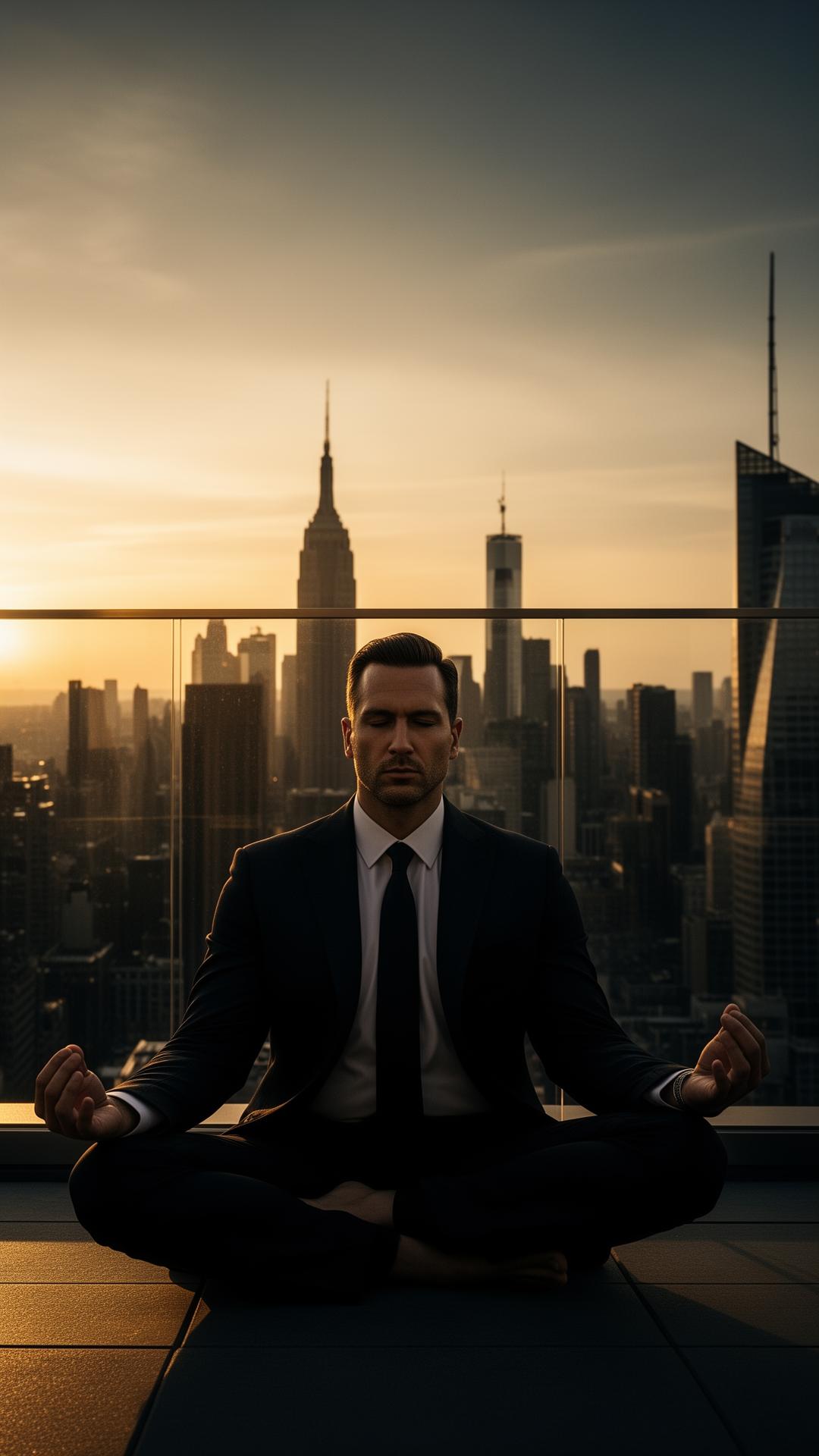High-achieving man meditating on a high-rise balcony at sunrise