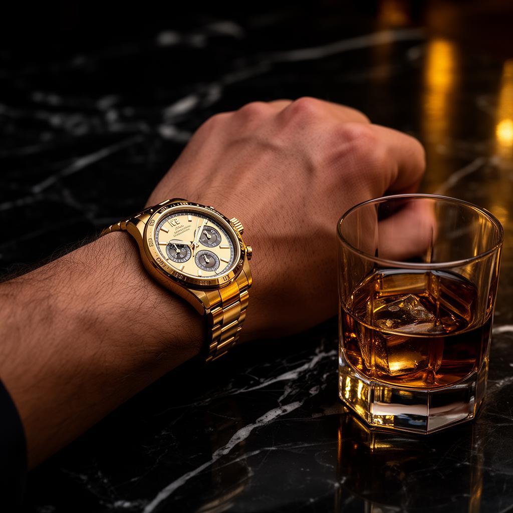 Gold luxury watch on a black marble surface